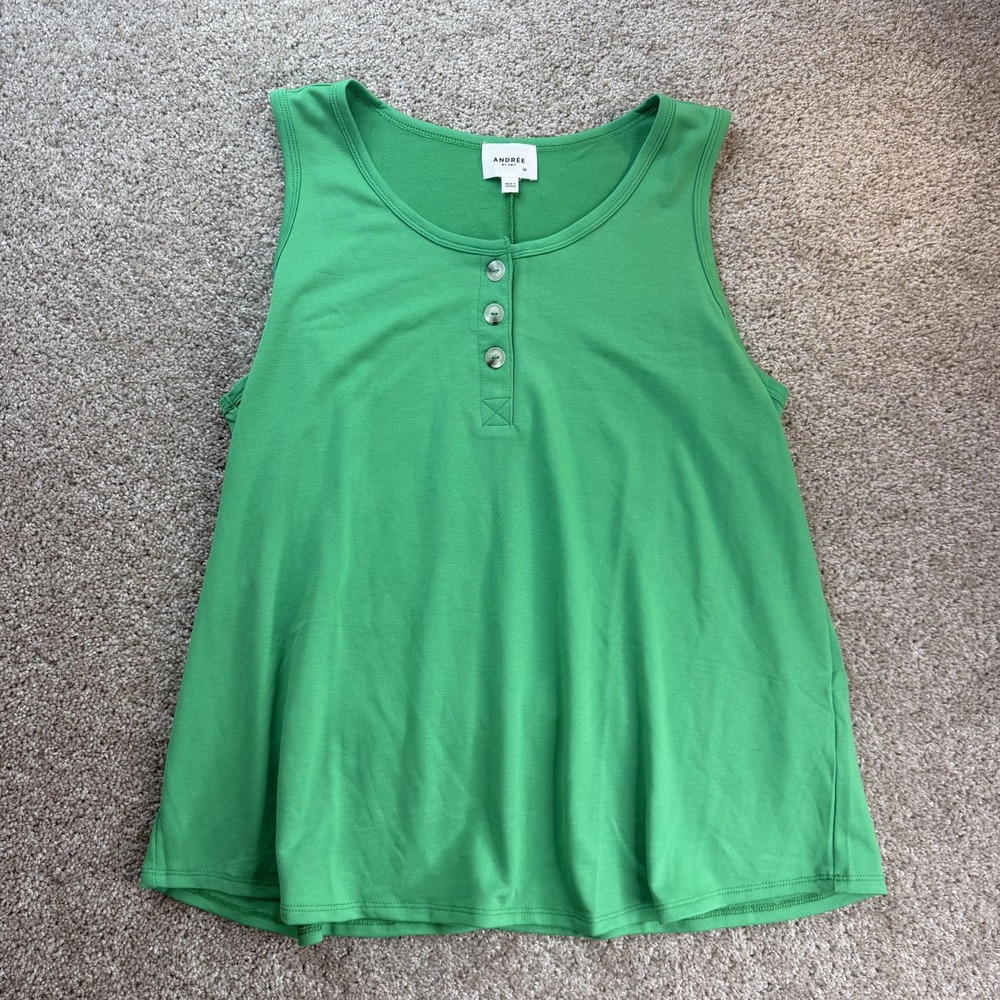 Andrée By Unit Tank Top Womens 1X Green Henley Scoop Neck Sleeveless Basic